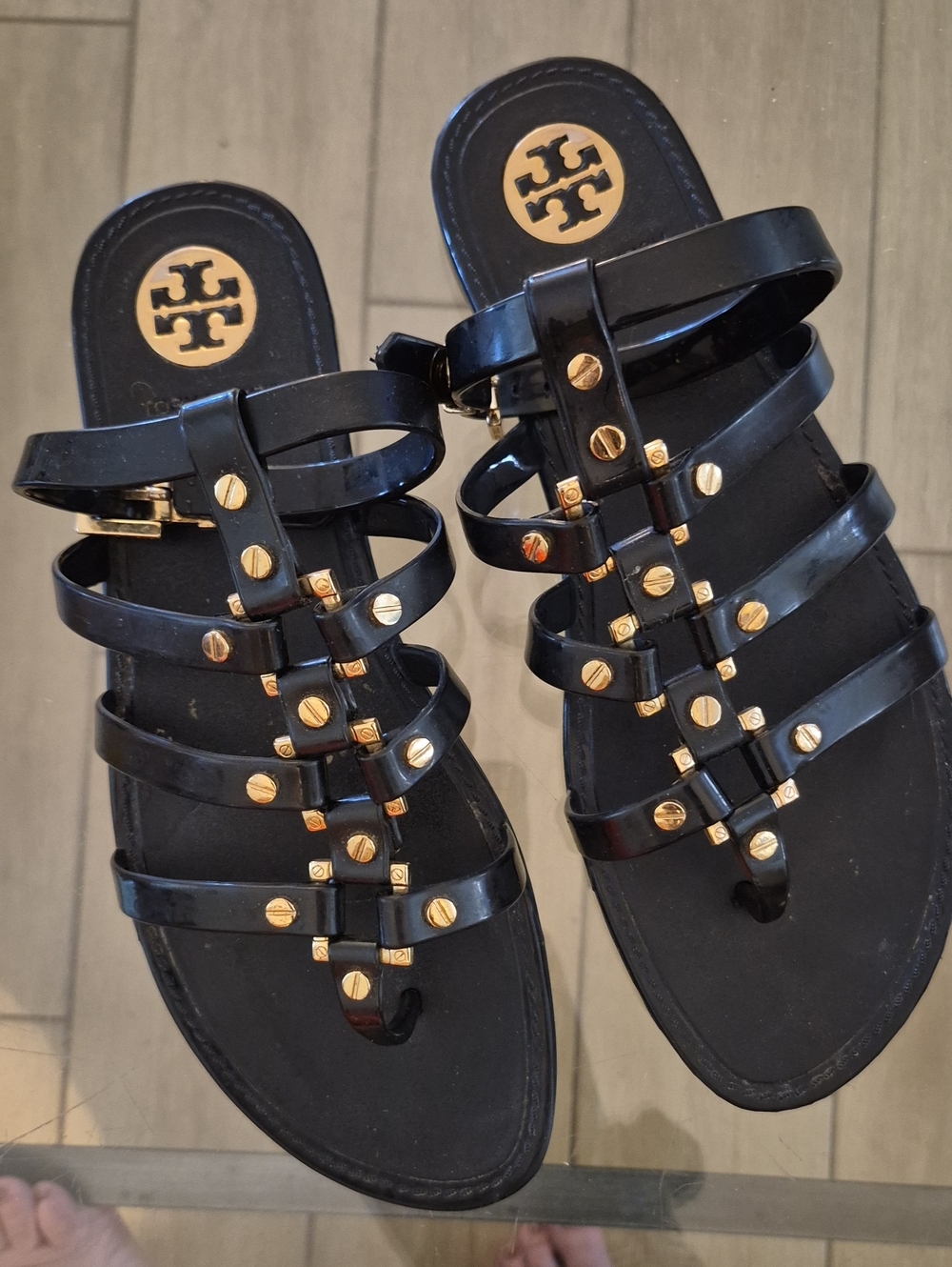 Tory Burch Black Gladiator Sandal with Gold Stud Accents